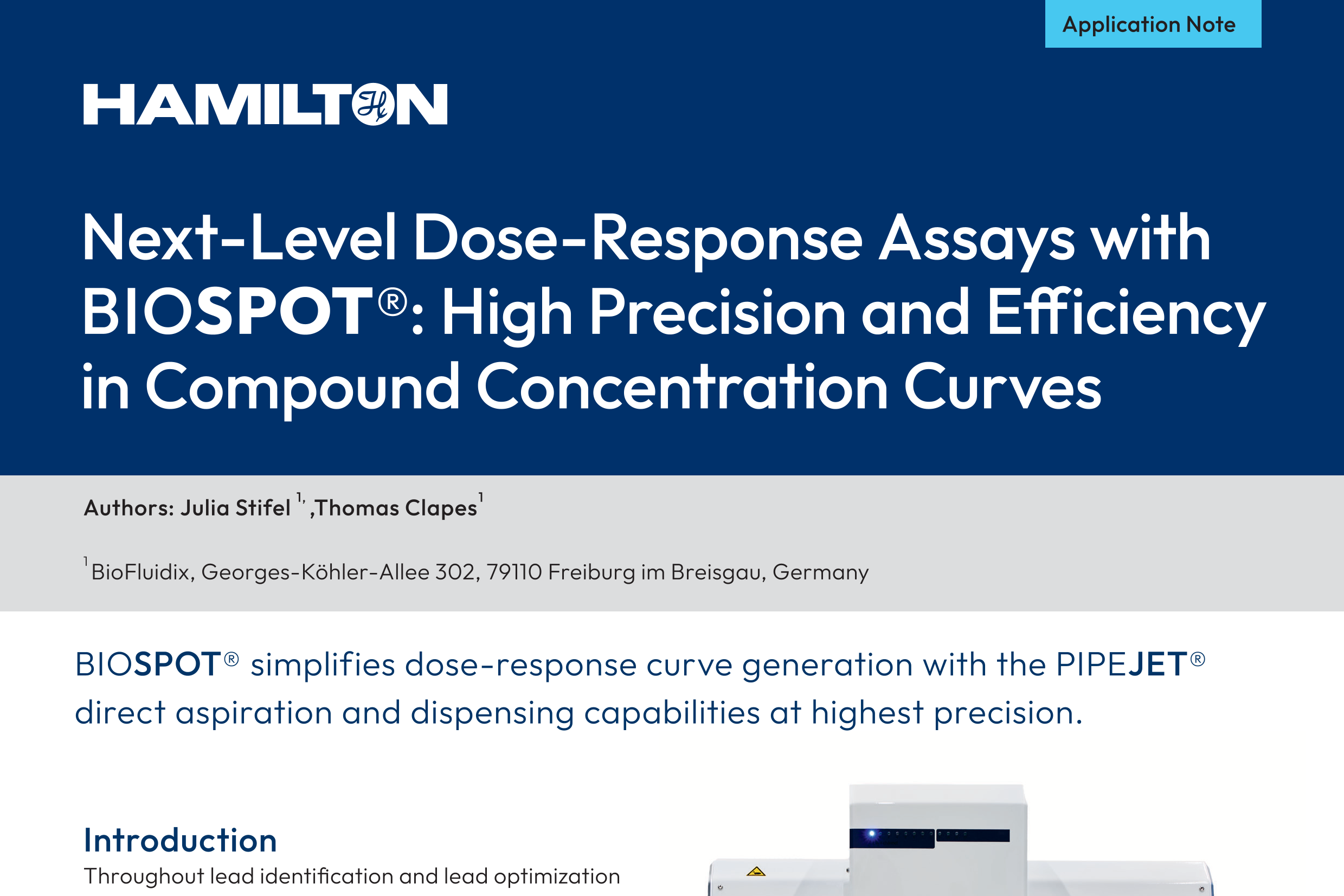 Hamilton BIOSPOT application note cover: "Next-Level Dose-Response Assays with BIOSPOT®" title on dark blue background with instrument image