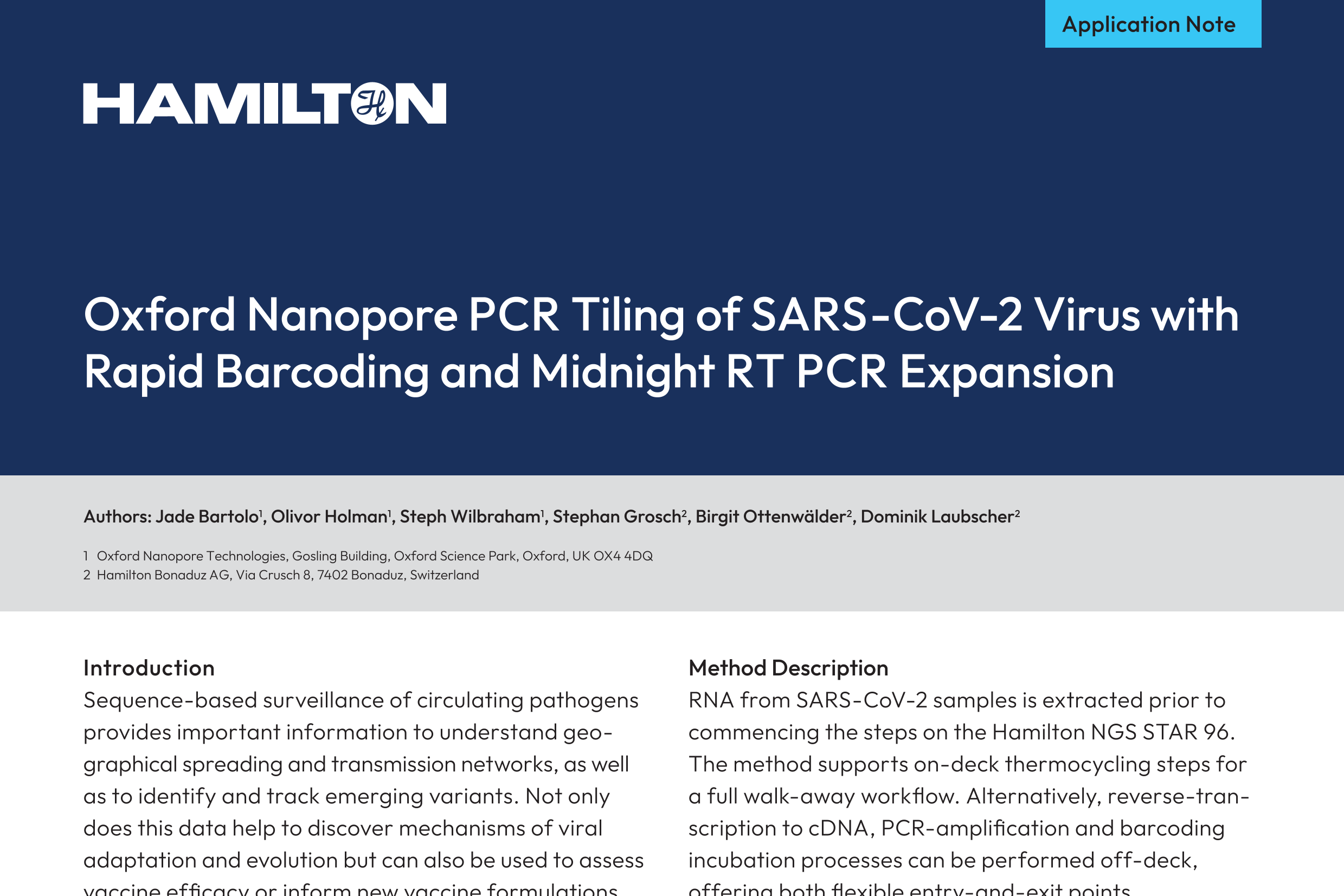 Hamilton application note cover: Oxford Nanopore PCR Tiling of SARS-CoV-2 with Rapid Barcoding and Midnight RT PCR Expansion
