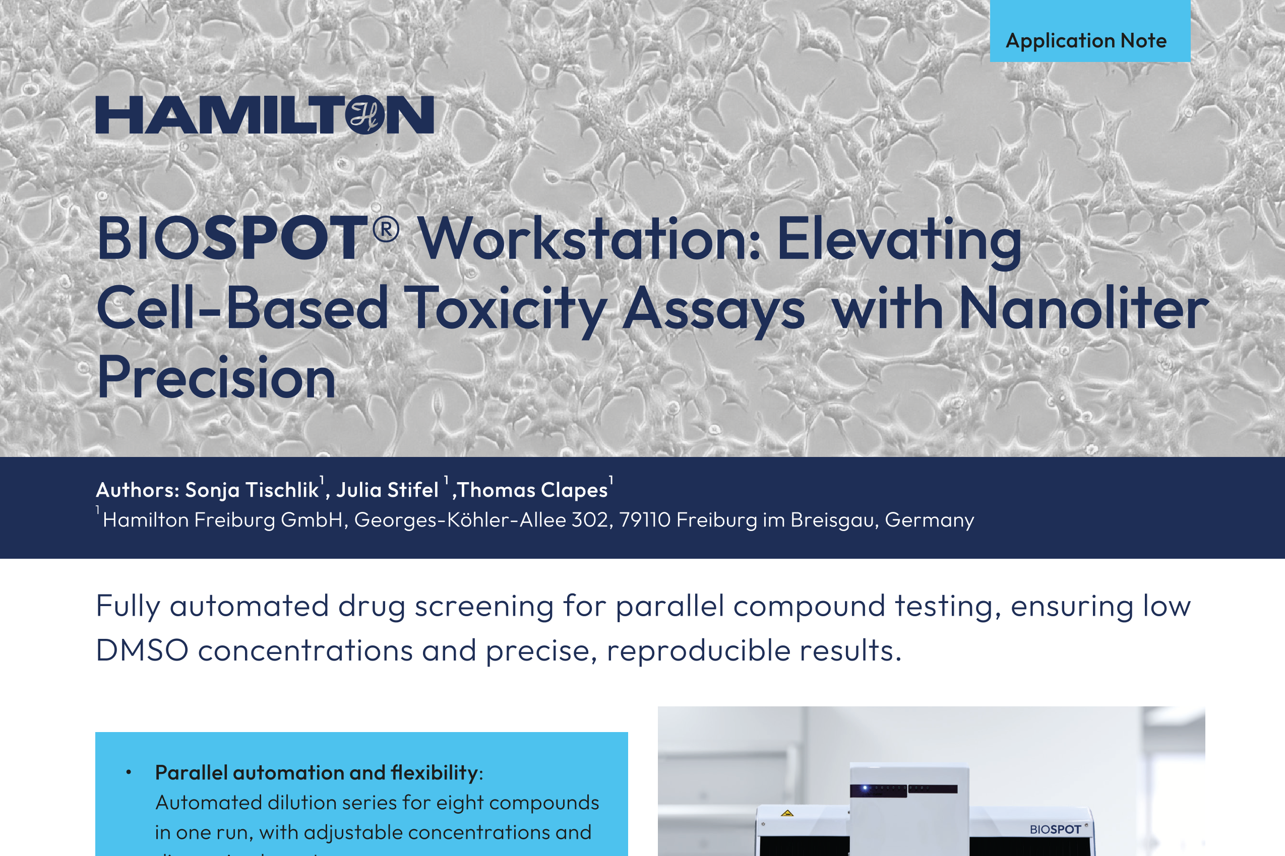 Hamilton BIOSPOT Workstation application note cover showing cultured cells under microscopy and the BIOSPOT instrument