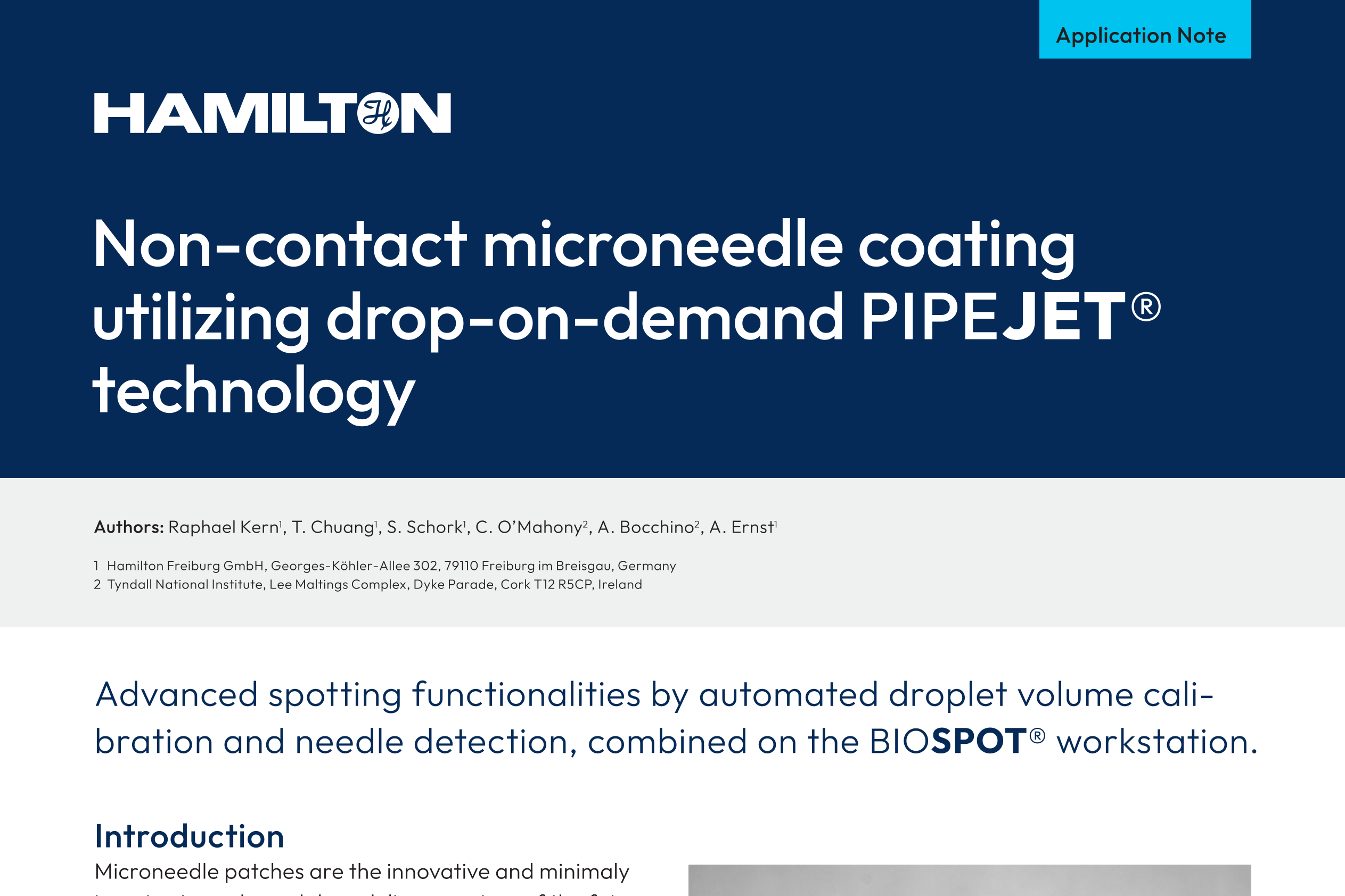 Hamilton application note cover: "Non-contact microneedle coating utilizing drop-on-demand PIPEJET® technology"
