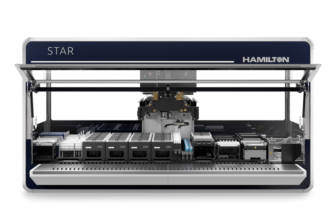 Hamilton STAR automated liquid handler, front view, deck loaded with tip carriers, plates, and reagent modules