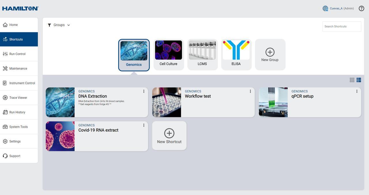 Hamilton Laboratory software dashboard showing Genomics, Cell Culture, LCMS, and ELISA workflow shortcuts with light theme UI