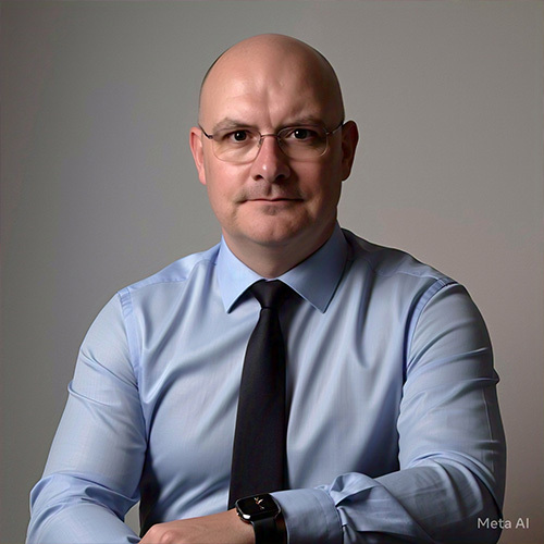 Bald person wearing glasses, light blue dress shirt, and black tie, arms crossed, neutral gray background