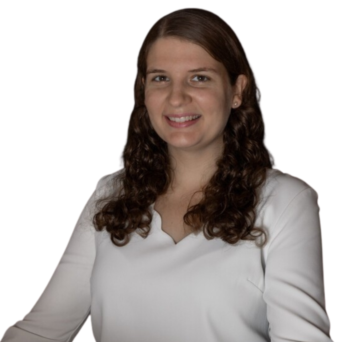 Headshot of Stephanie Lüthi, smiling, with long curly brown hair, wearing a white top